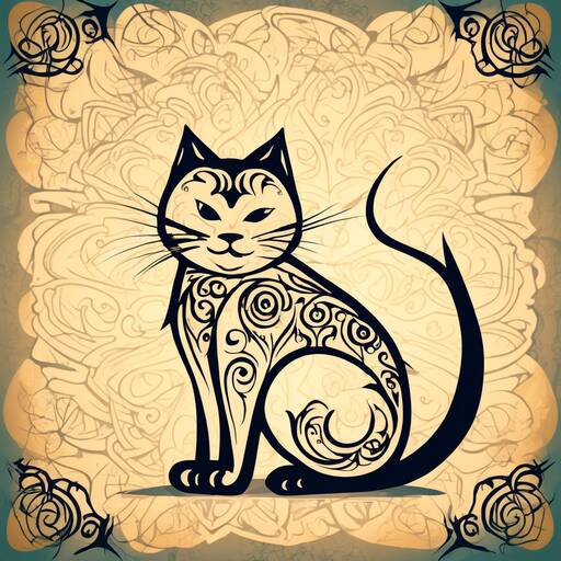 Ornate Stylized Cat with Decorative Floral Background
