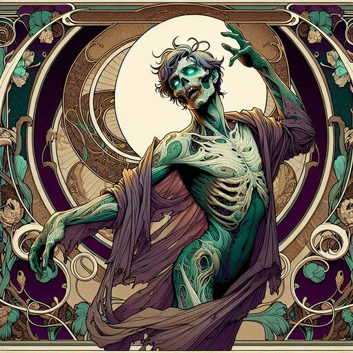 Ethereal Skeletal Figure in Art Nouveau Dreamscape