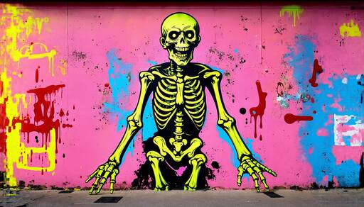 Vibrant Skeleton Street Art on Pink Urban Canvas