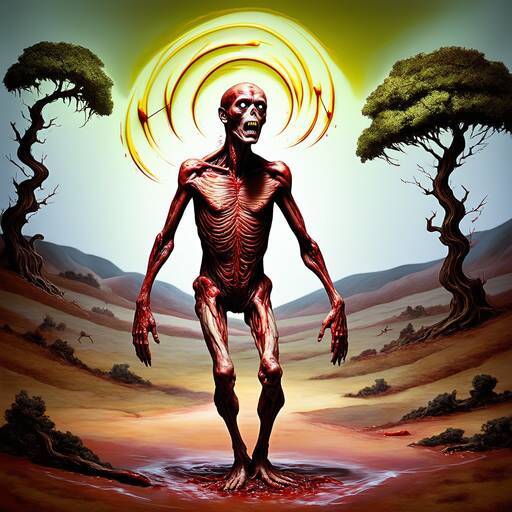 Surreal Red Humanoid Figure in Mystical Desert Landscape