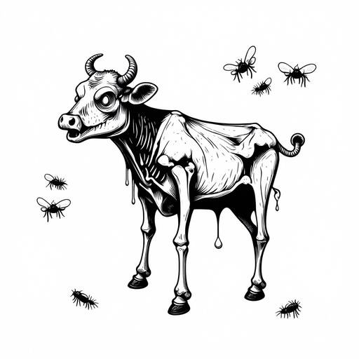 Skeletal Cow Surrounded by Buzzing Insects