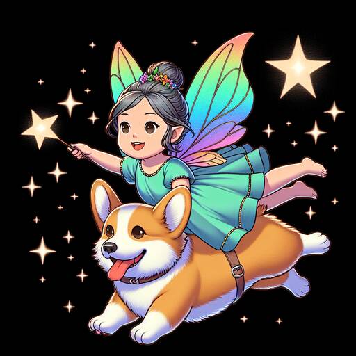 Magical Fairy Riding a Playful Corgi Through Starry Skies