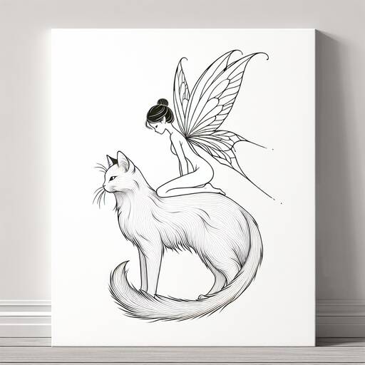 Fairy Riding a Majestic Cat Line Drawing