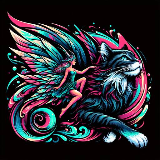 Magical Fairy Dancing with Ethereal Neon Cat in Fantasy Art