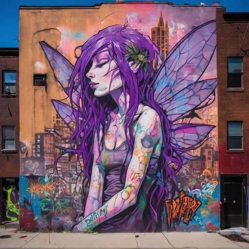 Urban Fairy: Vibrant Street Art Mural of Ethereal Winged Figure