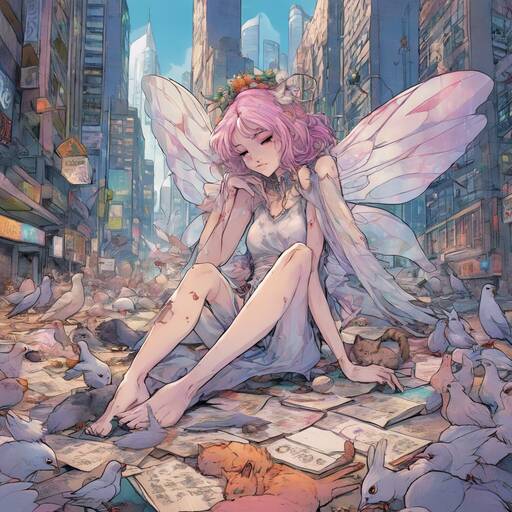 Urban Fairy Among Scattered Papers in City Streets