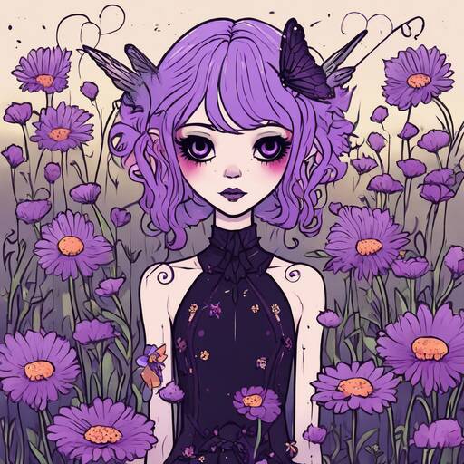 Violet Dreams: A Whimsical Anime Girl Among Purple Flowers