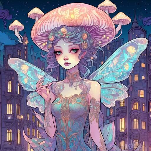 Enchanted Mushroom Fairy in Nocturnal Cityscape