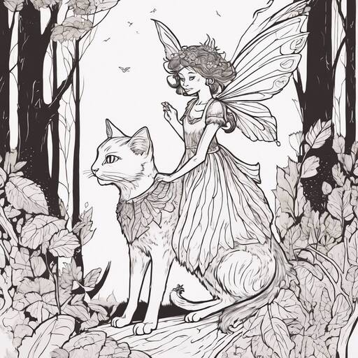 Whimsical Fairy Riding a Forest Cat in Black and White Illustration