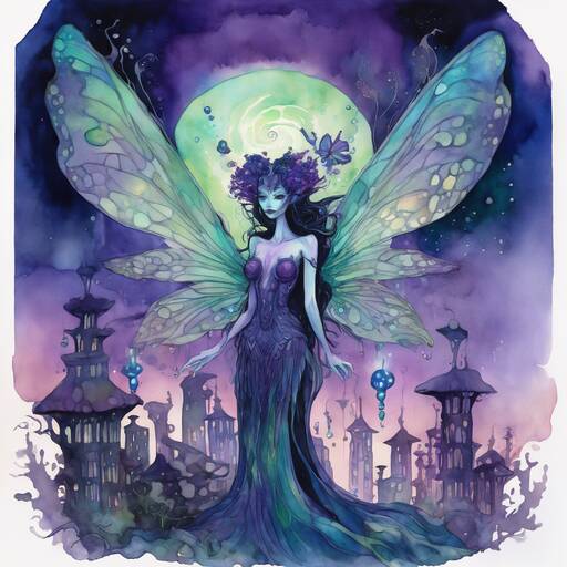 Ethereal Fairy Queen Overlooking Mystical Twilight Cityscape