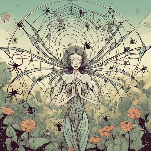 Ethereal Spider Queen Meditating in Surreal Garden