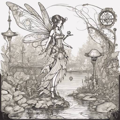 Ethereal Fairy in Steampunk Lily Pond Landscape
