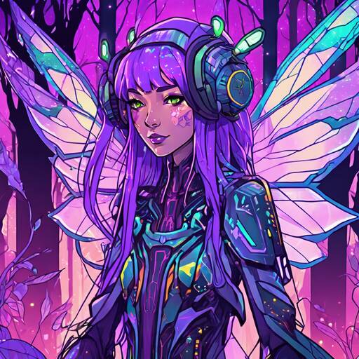 Cybernetic Fairy: Neon Forest Guardian in Vibrant Digital Realm