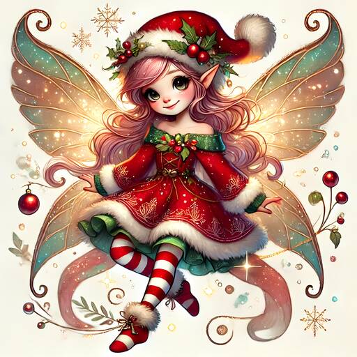 Whimsical Christmas Fairy in Red and Green Holiday Attire