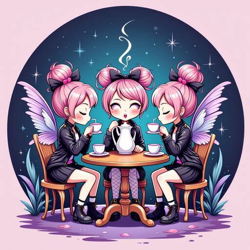 Magical Tea Party: Whimsical Fairy Triplets Sharing a Moment