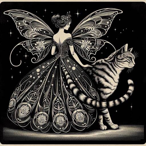 Celestial Companions: Butterfly Fairy and Striped Cat