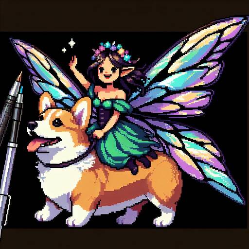 Pixel Art Fairy Riding a Corgi with Iridescent Wings