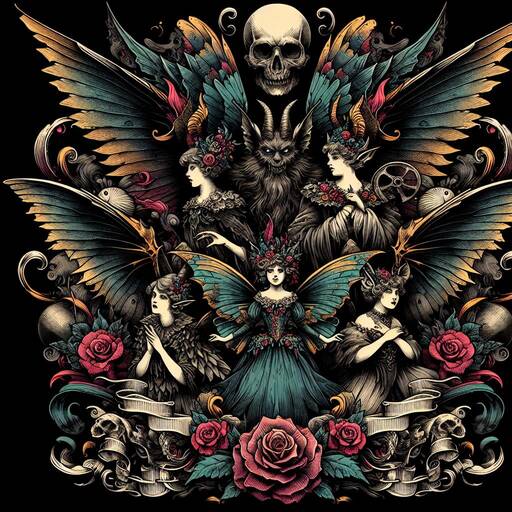 Gothic Fantasy Composition with Winged Figures, Skull and Roses