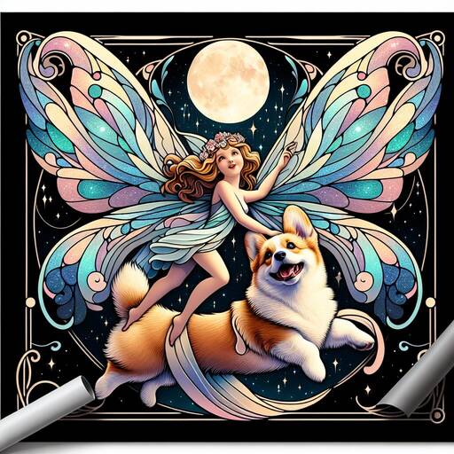 Fairy Riding Corgi Under Moonlit Sky Art Nouveau Illustration