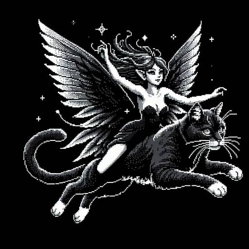 Pixelated Fairy Riding Black Cat Through Starlit Sky