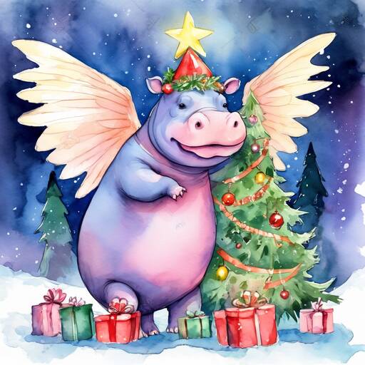 Whimsical Christmas Hippo Angel with Decorated Tree