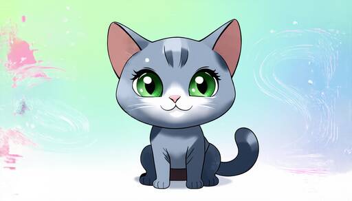Kawaii Gray Kitten with Bright Green Eyes Cartoon Illustration