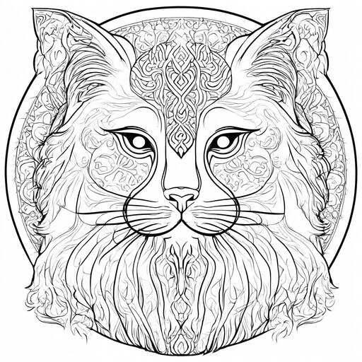 Intricate Feline Mandala: A Detailed Coloring Page Design
