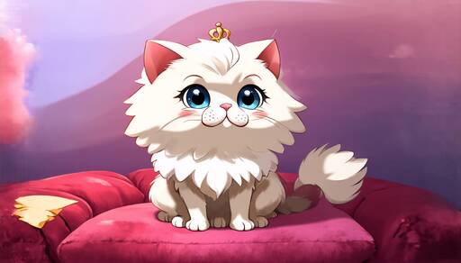 Adorable Cartoon Kitten with Crown on Pink Cushion