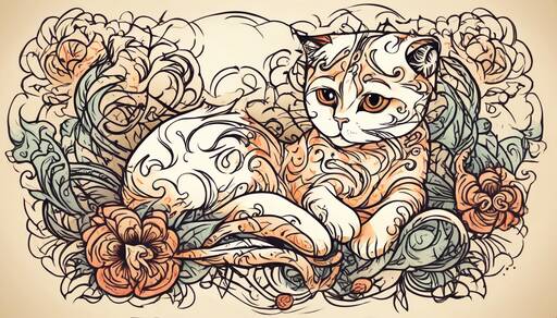 Decorative Cat Art with Swirling Floral Patterns in Art Nouveau Style