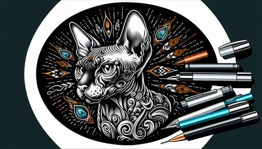 Ornate Sphynx Cat Portrait with Artistic Drawing Tools