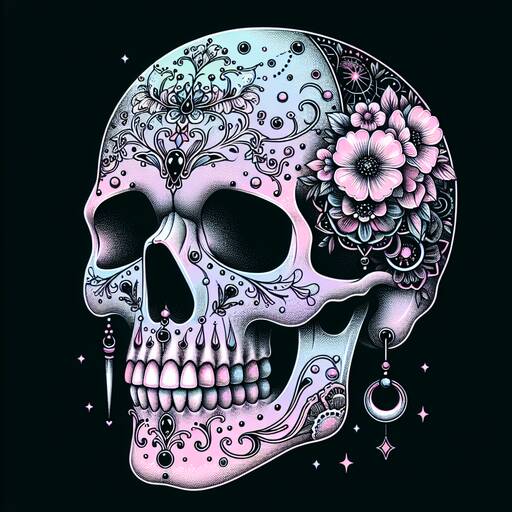 Delicate Floral Skull: Intricate Gothic Art in Pastel Tones