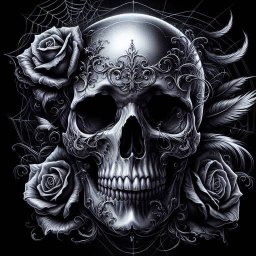 Intricate Gothic Skull with Roses and Feathers