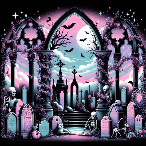 Ethereal Gothic Moonlit Cemetery: A Skeletal Pastel Dreamscape