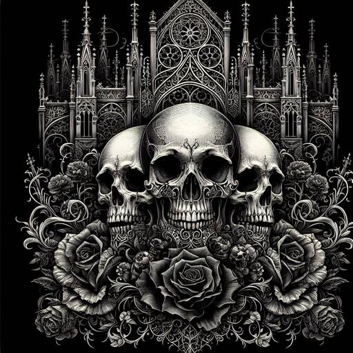 Gothic Cathedral Adorned with Skulls and Roses