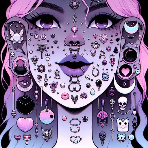 Surreal Purple Face Adorned with Mystical Jewelry and Symbols