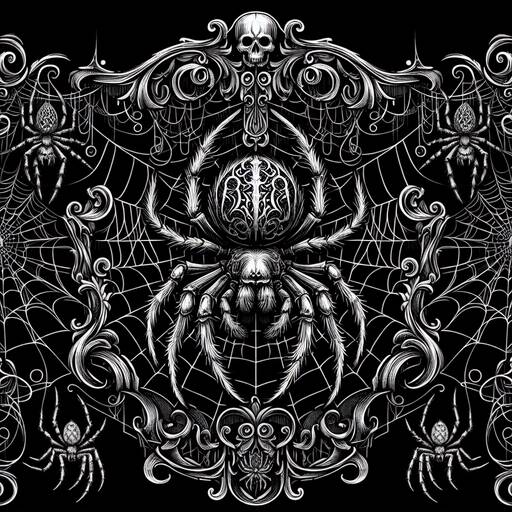 Gothic Spider and Skull Ornamental Design in Black and White
