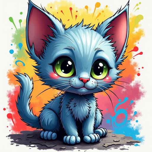 Whimsical Blue Kitten with Vibrant Splatter Background