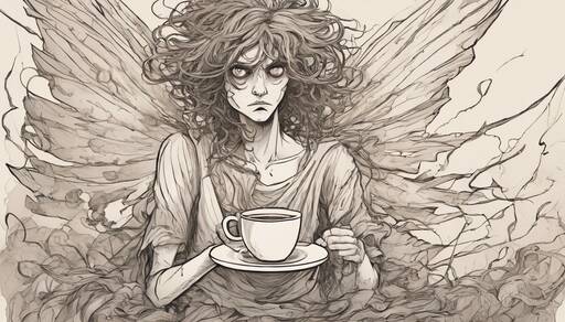 Morning Melancholy: A Winged Figure's Contemplative Coffee