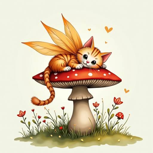 Whimsical Kitten Perched on Enchanted Mushroom