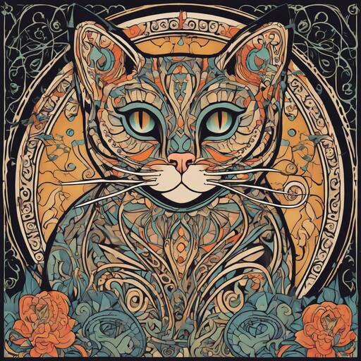 Intricate Art Nouveau Cat Portrait in Ornate Circular Frame